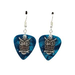 Large Owl Bird Charm on Guitar Pick Earrings
